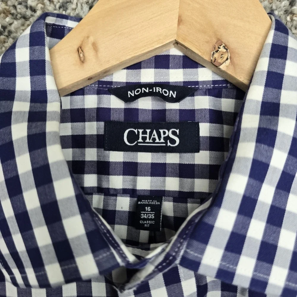Chaps Shirt Mens 16 34/3 Blue Button Up Gingham Check Non Iron Cotton Casual‎